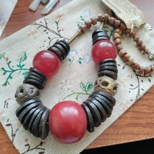 African Kenyan artisan tribal Necklace NWT red, wood, brass beads